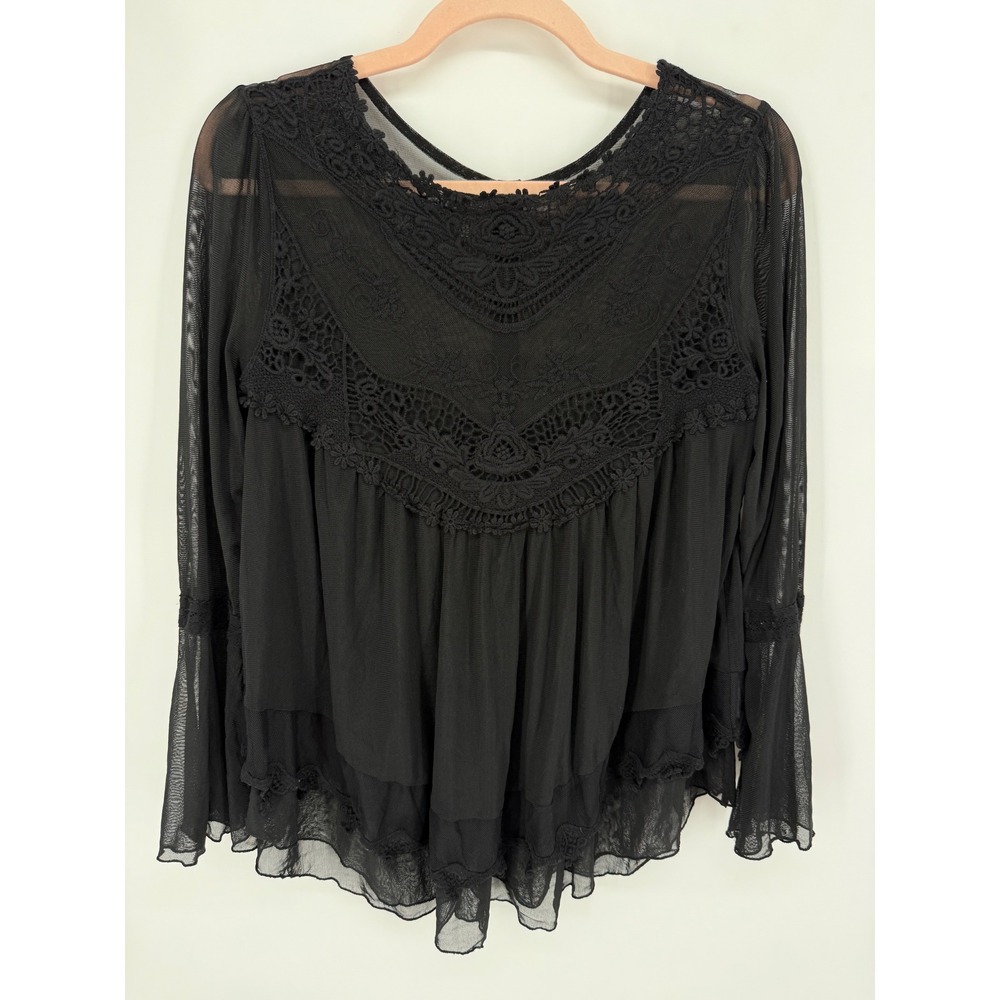 Altar'd State Blouse Women Small Black Crochet Lace Mesh Bell Sleeve Whimsygoth - Picture 1 of 10